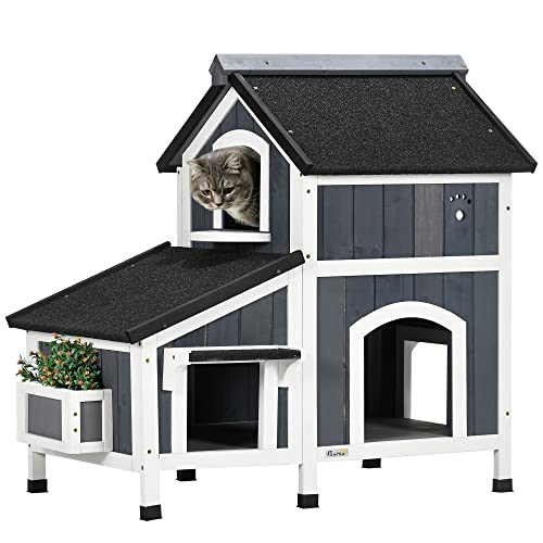 PawHut Casa para Gatos de Madera con Macetero 96x65x85,5 cm Caseta para Gatos de 2 Niveles Refugio para Gatos con Techo Asfáltico Ventana y Múltiples Entradas para Interior y Exterior Gris