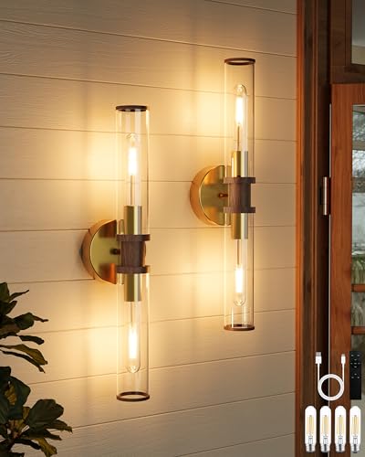 Image of Rayogale Gold & Walnut Wireless Battery Operated Wall Sconces with Remote | Glass Rechargeable Wall Lights Set of 2 with Timer Function Dimmable for Living Room Bedroom Emergency 3000K, 20.5 Inch
