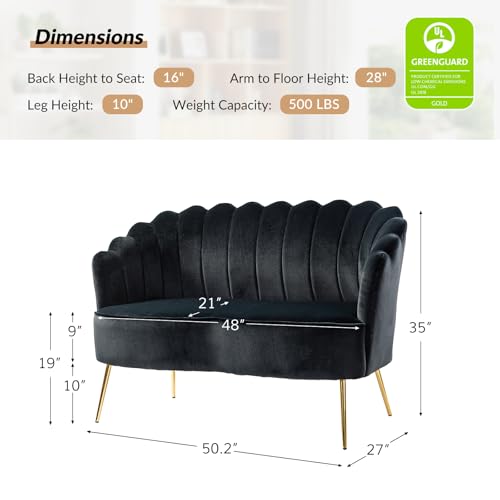 Image of HULALA HOME Modern Velvet Loveseat Sofa with Flower Shaped Back, Comfy Upholstered 2-Seater Sofa with Gold Metal Legs, Small Love Seat Accent Couch for Living Bedroom Leisure Areas, Black