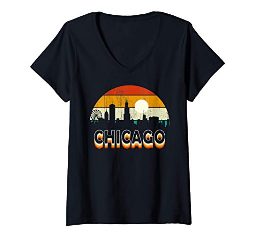 Mujer Vintage Retro Style Chicago City Gift Sunset Skyline Chicago Camiseta Cuello V