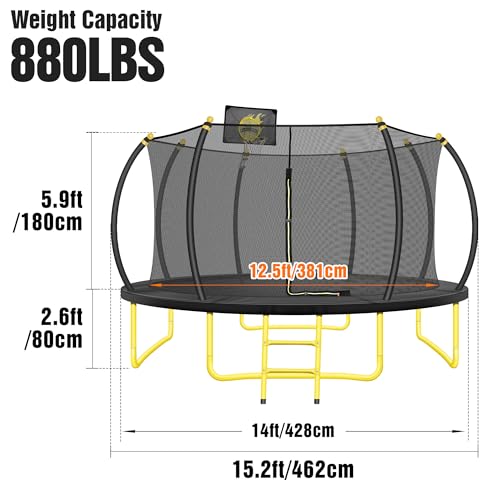 14FT Pumpkin Trampoline, Recreational Trampoline Outdoor with Basketball Hoop, Enclosure Net and Ladder, Heavy Duty Backyard Trampoline for Kids and Adults, Capacity 880 lbs, Black+Yellow