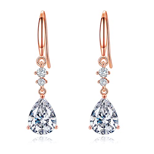 Image of Sterling Silver Dangle Earrings for Women, Hypoallergenic Cubic Zirconia Teardrop Dangle Drop CZ Earring Jewellery Gifts for Girls, Rose Gold