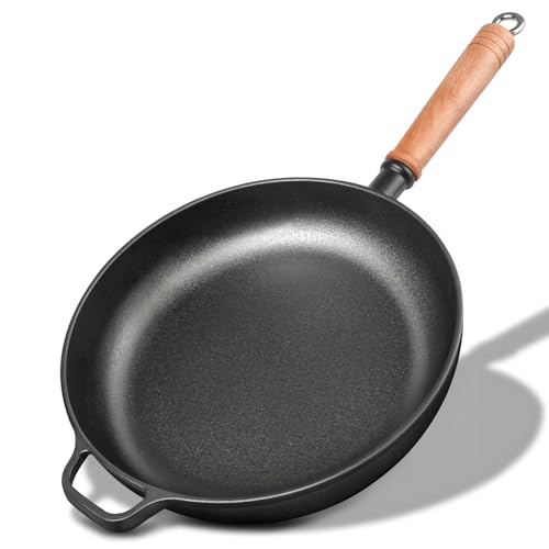 Image of Bachdomc 12" Cast Iron Skillets with Removable Wooden Handle, Pre-Seasoned Frying Pan for Stove, Oven, Grill & Campfire Cooking (1, 12")
