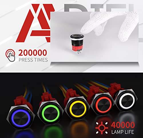 APIELE 10 Amp 22mm Latching Push Button Switch 12V Angel Eye LED Waterproof Aluminum Alloy Round Self-Locking 7/8'' 1NO 1NC 1 Pack (10 Amp/Red Led) - Thumbnail 6