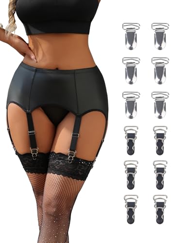 ohmydear Faux Leather Garter Belts for Women with 2 Type Clips Black Garters for Thigh Highs Plus Size Sexy Garters Lingerie with G-String Thong (Black,M)