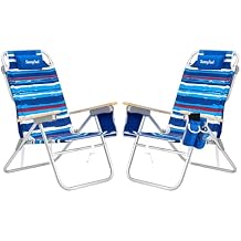 SUNNYFEEL Tall Beach Chair, Reclining Beach Chair with 5-Position, Portable Camping Chair for Adults with Wood Armrest, Lightweight Camping Chair 300 lbs Heavy Duty, Blue Stripe, 2 Pack