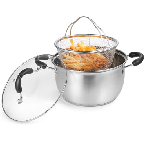 wkao Fritteusentopf aus 304 Edelstahl mit Korb, Deckel und Anti-Verbrühungs-Griffen, Dampfgarer für Zuhause Braten und Kochen
