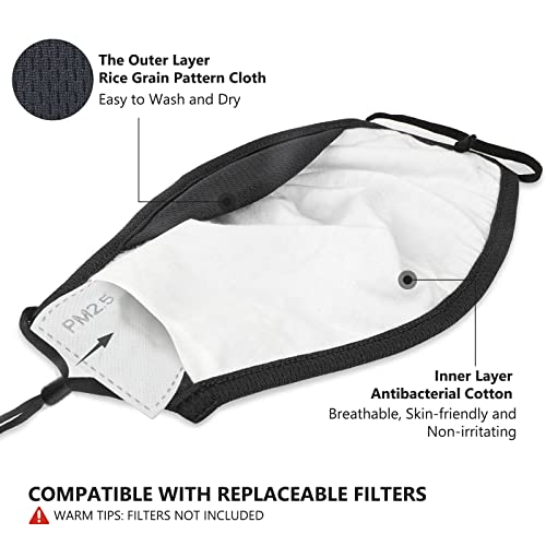 Assacalynn 3Pcs Large Cloth Face Masks [2022 Upgraded], Reusable Black Breathable Face Mask With Filter Pocket & Nose Shield #TOP3