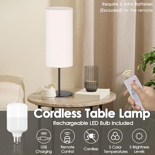 Battery Operated Table Lamp Portable LED Cordless Rechargeable Lamp 3-Way Dimmable Nightstand Lamp with Fabric Shade Black Base Remote Control for Bedroom, Living Room, Office (LED Bulb Included)