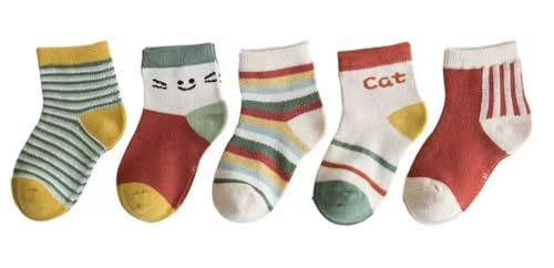 Kids Striped Cotton Socks, Mid-Tube Length, 5 Pairs, Ages 1-12 Years