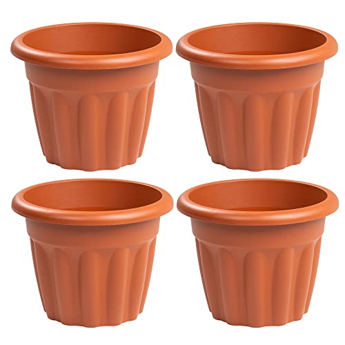 4 X 33cm Terracotta 12L Litre Round Plastic Planter with Drainage Hole, Garden Plant Pot, Floor Indoor/Outdoor, Made in UK