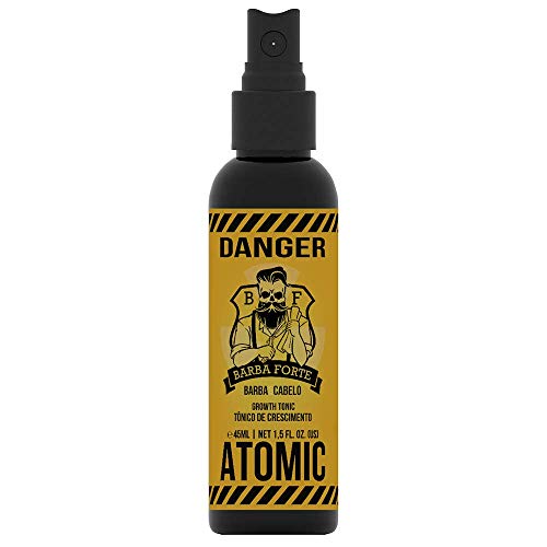 Frasco de 45ml do Tônico de Crescimento Barba Forte Atomic Danger com rótulo amarelo e preto de estilo industrial