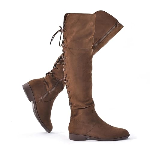 Putu Women's Low Flat Heel Thigh High Boots Faux Suede Boots Over the Knee Sexy Boots with Back Lace up