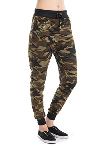 Woman Camouflage Zipper Detail Pants Army Waistband Jogger Pants 2 Sizes(Large-X-Large, Olive)