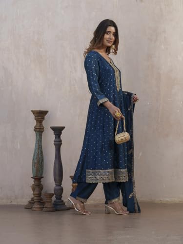 Image of Kaari Women's Embroidered Kurta Set with Dupatta - Festive Kurta Set for Women Polyester Blend
