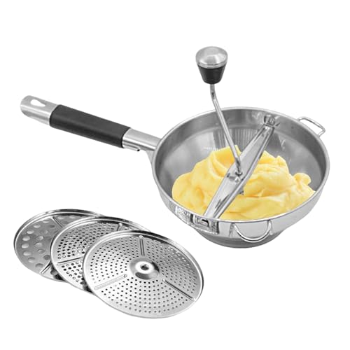 Kartoffelmasher - Edelstahl 38x19x8cm | Ricer Für Kartoffelpüree Mit 3 Austauschbaren Scheiben | Rotationsfuttermühle Für Tomatensauce, Püreezubereitung, Zubereitung Von Babynahrungsmitteln