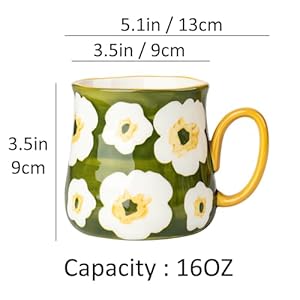 Ceramic Coffee Mug Set of 4 16 Oz Porcelain Tea Cups with Flower Pattern Hand Made Floral Ceramic Mugs for Latte Cappuccino Best Gifts for Christmas Mothers Day Dishwasher Microwave Safe