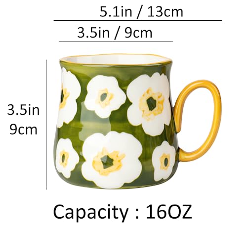 Ceramic Coffee Mug Set of 4 16 Oz Porcelain Tea Cups with Flower Pattern Hand Made Floral Ceramic Mugs for Latte Cappuccino Best Gifts for Christmas Mothers Day Dishwasher Microwave Safe