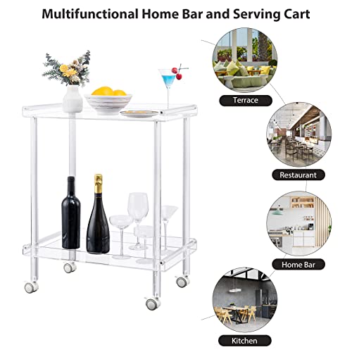 Hmyhum Acrylic Bar Cart, Rolling Serving Cart With 4 Lockable Wheels For The Home Bar, Kitchen, Living Room, Modern, 2-Tier, 23.6" L X 15" W X 30" H, Clear #TOP5