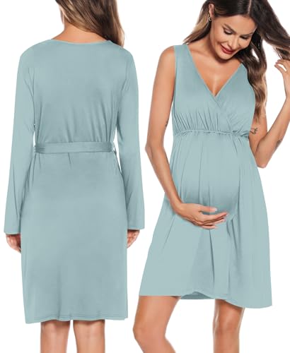 Image of SWOMOG Women Maternity Nursing Gown and Robe Set 3 in 1 Labor Delivery Nursing Nightgown for Breastfeeding Hospital Bathrobe