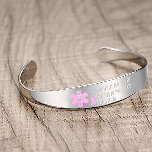 Mnmoom Stainless Steel Medical Id Cuff Bracelets For Women Pink Ribbon No Bp No Needles Bangle Lymphedema Alert Bracelet #TOP1