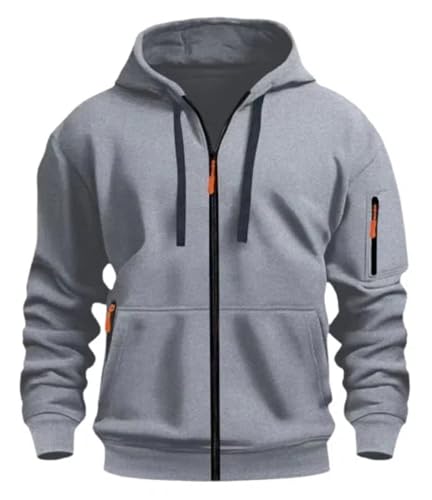 MakingDa Men's Zipped Hoodie Pullover Pockets Long Sleeve Zip-Up Cuffed Shirts Hoody Fleece Solid Regular Fit Casual Hooded Sweatshirt Tops Grey L
