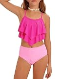 Actglow Girls Swimsuit 2 Piece Bikini Set Tiered Ruffled Bathing Suit Adjustable Straps with Chest Pad Girls' Swimwear 7-16Y