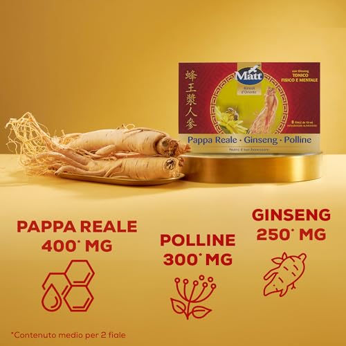 Matt, Pappa Reale Ginseng e Polline, Tonico Fisico e Mentale, Integratore Alimentare Senza Glutine Utile in Caso di Stanchezza Fisica e Mentale, Confezione con 8 Fiale da 10 ml - Immagine 2