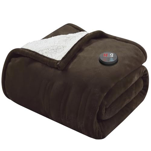 GOTCOZY Heated Blanket Electric Throw 50''X60''- Electric Throw Blanket with One Touch Button 10 Heating Level & 9 Time Settings Heating Blanket, Machine Washable (Brown)
