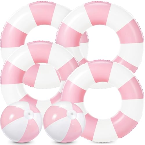 Realspring 6 Pack Inflatable Pool Toys Floats for Kids Adults 4 Pcs Swim Tubes Rings with 2 Pcs Beach Balls Floaties Beach Swimming Toys for Summer Pool Water Games Party Favor Baby Shower(Pink)