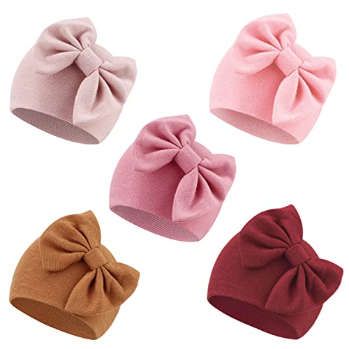 Image of AQOKKA Newborn Baby Girl Hats with Bow Cotton Toddler Infant Beanie Cap Newborn Hospital Hats for Baby Girl Kid 0-24 Months