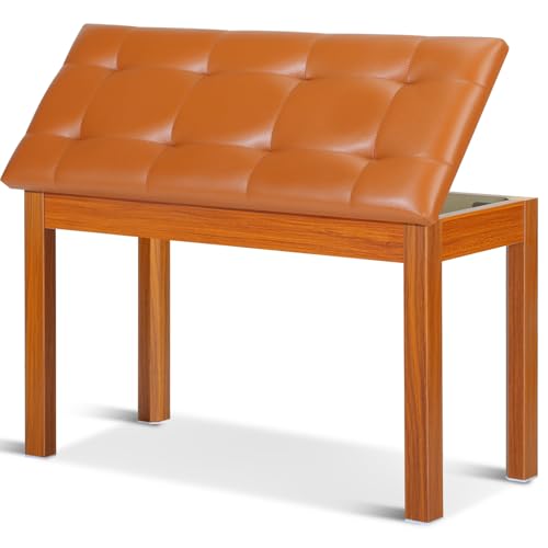 Vediya duet piano bench with tufted brown PU leather top and a flip-top storage compartment