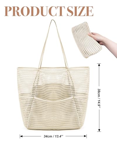 Bolso tote de malla para playa para mujeres, grande, para verano, bolso de hombro con bolsillo interior, suave, para piscina, viajes y artículos esenciales para natación miniatura 4