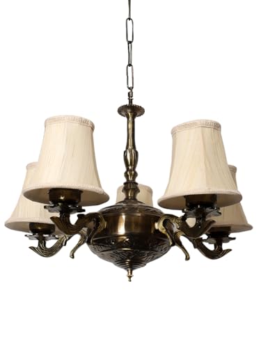 Image of Devansh 05 Lights Off-White Round Cotton Shade with Antique Golden Chandelier -H