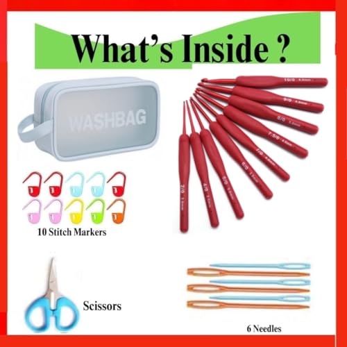 Image of Crochet Kit with Soft Grip Handles - Full Crochet Hook Set for Beginners & Yarn Lovers - Ergonomic Crochet Tools for DIY Craft & Gifting (Dark Red Kit)