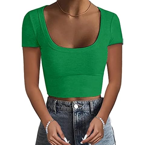 Women's Short Sleeve Square Neck Cropped T Shirts Slim Fit Ribbed Knit Basic Crop Tops (Green, M) Cover