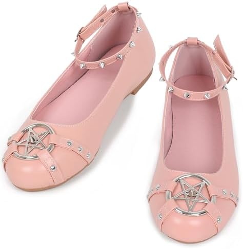Gothniero Womens Black Flats with Metal Studs and Adjustable Strap Dressy Comfotable Cute Ballet Flats Goth Shoes for Women Dressy Flats Slip on Round Toe