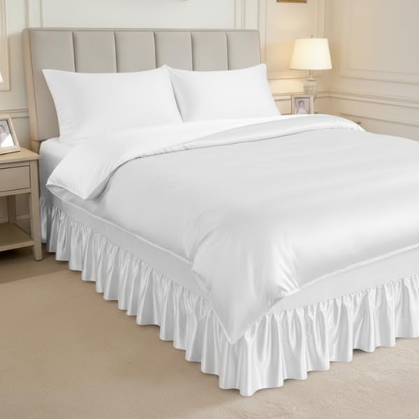 Luxury 4 PCS Satin Valance Sheet Set with Duvet Cover & 2 Matching Pillowcases | Smooth Satin Bed Skirt Fitted Sheet | Hotel Style Bedding Set | Single Double King Super King (WHITE, KING) — image 1