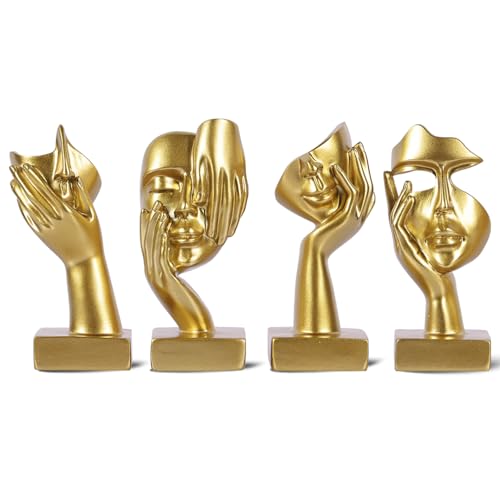oliruim Lot de 4 statuettes Visage abstraites dorées, Statue déco intérieur Moderne, bibelot décoratif Chambre, Bureau, étagère, bibliothèque, déco...
