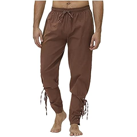 Whycat-Hoodie Men's Medieval Ankle Pants Viking Pirate Renaissance Costume Lace Up Tapered Banded Navigator Casual Trousers(Brown,L) Cover