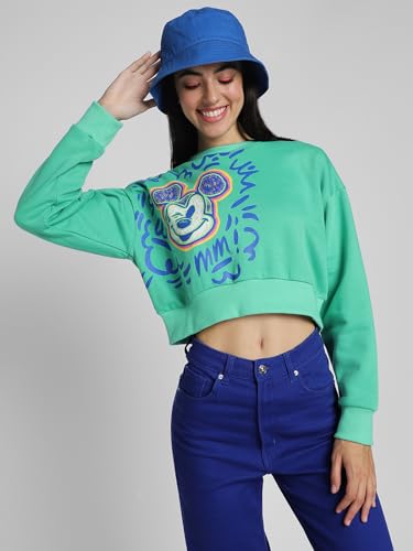Image of JUNEBERRY Cotton Poly Fleece Official Disney Merchandise Regular Fit Orange & Green Mickey Mouse See Ya Real Soon Graphic Print Full Sleeve Sweatshirt for Women