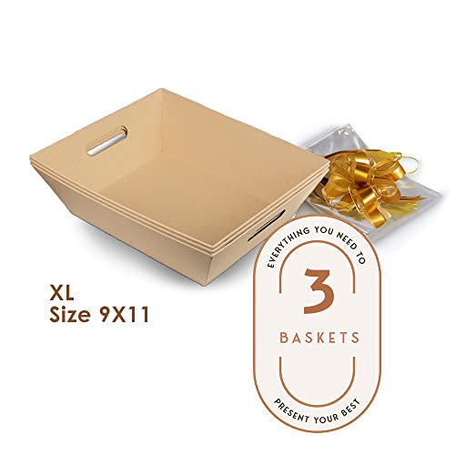 Upper Midland Products [3pk] 12x14 Large Baskets for Gifts Empty| Extra Large Baskets with Handles, Large Cellophane Basket Bags, Gold Pull Bows| Wine Gift Basket| Christmas, Easter| Gift to Impress - Thumbnail 3