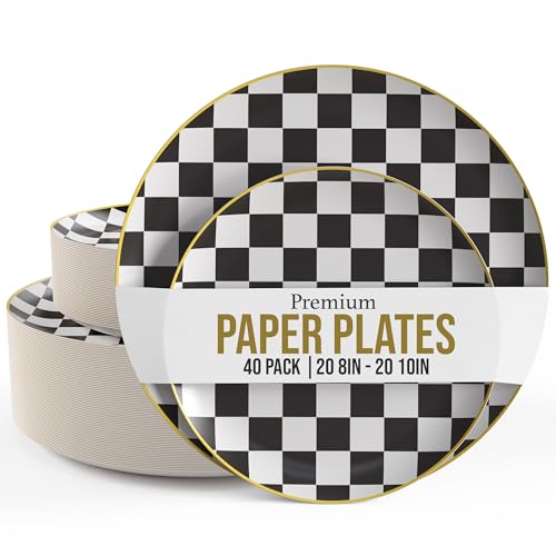 Trendables Heavy Duty Paper Plates Bulk 40 Pcs Disposable Party Plates - 20 X 8 Inch Dessert Plate & 20 X 10 Inch Paper Plate Checkered decor, black and white party decorations, race car decorations Trendables Heavy Duty Paper Plates Bulk 40 Pcs Disposable Party Plates - 20 X 8 Inch Dessert Plate & 20 X 10 Inch Paper Plate Checkered decor, black and white party decorations, race car decorations