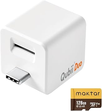 Maktar Qubii Duo USB-C Auto Backup Cube + 128GB MicroSD | iPhone Android | MFi Certified | Photos Videos Contacts | No Subscription | White