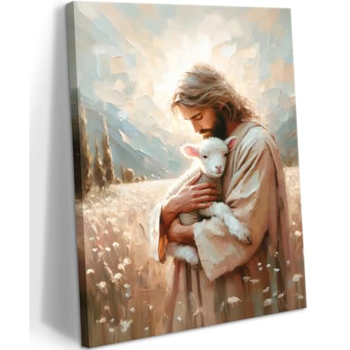 Jesus and Lamb Canvas Wall Art Christian Jesus the Good Shepherd Painting picture Wall Decor religion Bible Stories Poster print Artwork for Church LDS bedroom Living Home Decor 8x10in Canvas