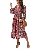 ORANDESIGNE Damen Maxikleid Lose Kleid V-Ausschnitt Langarm Vintage Boho Maxi Kleid Elegant Strandkleid Große Größen Langes Blumenkleid B Rot 44