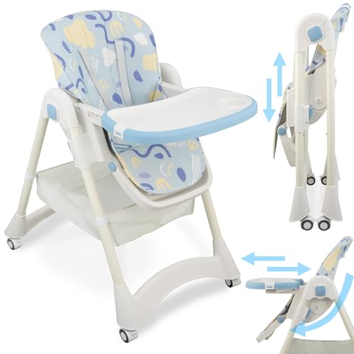 ALMAR Baby Trona de Bebe Evolutiva Azul Estampado | Silla de bebe hasta niño 50 kilos, Plegable, Elevable y Reclinable con Bandeja Extraible