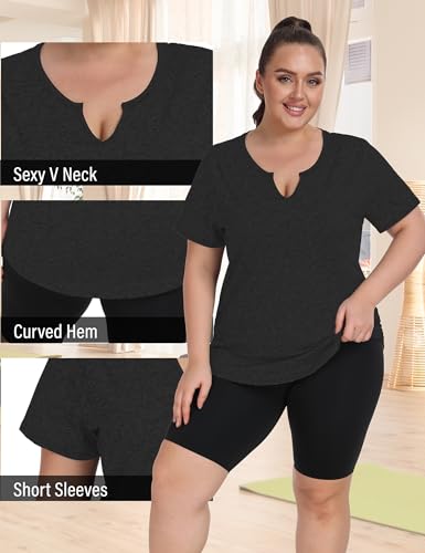 FOREYOND Plus Size Workout Tops for Women Short Sleeves V-Neck Yoga Shirts Loose Fit Athletic Gym Clothing Summer3