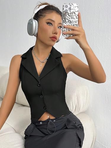 SweatyRocks Women's Solid Lapel Neck Button Front Crop Vest Jacket Waistcoat Sleeveless Blazer4