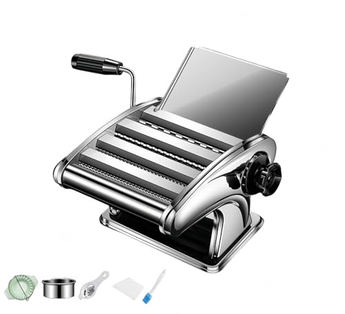 Dazzix製麺機、 パスタマシン 手動 製麺機 ステンレス 洗浄簡単 厚さ調節可 うどん/スパゲティ/そば/中華麺/ラーメンなど パスタメーカー 家庭用業務用 (ステンレスカラー,ナイフ4本)